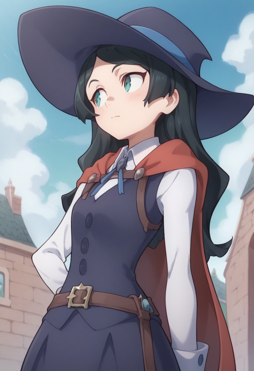 score_9, score_8_up, score_7_up, source_anime, highly detailed, 
barbara, 1girl, luna nova school uniform, solo, school uniform, long hair, black hair, upper body, skirt, standing,  long sleeves, vest, shirt, white shirt, collared shirt, ribbon, neck ribbon, witch, hat, witch hat, cape
outdoor, sky, hands down,