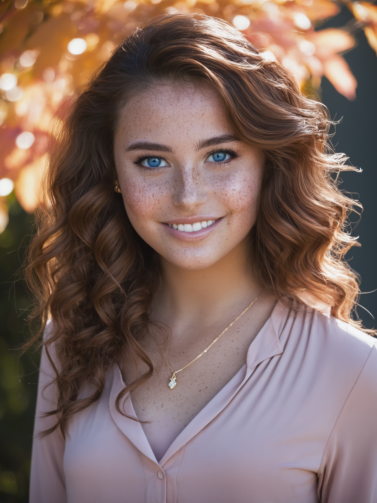 score_9, score_8_up, score_8, 1girl, 21yo, Australian beauty, expressive, flirtatious look, perfect face, smile, blue eyes, with freckles, very tan skin, blush, red cheeks, make up, gold eyebrows, long brown hair, pink blank flat shirt with long sleeve, shirt col-V, with a necklace, poised against a backdrop of autumn leaves in soft focus, sunlight filtering through her curls, close-up portrait, high contrast, pink tones, canon 5D Mark IV, studio photography <lora:SdXL_better freckles_epoch_16:1> <lora:XDetail_heavy:1>