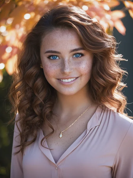 score_9, score_8_up, score_8, 1girl, 21yo, Australian beauty, expressive, flirtatious look, perfect face, smile, blue eyes, with freckles, very tan skin, blush, red cheeks, make up, gold eyebrows, long brown hair, pink blank flat shirt with long sleeve, shirt col-V, with a necklace, poised against a backdrop of autumn leaves in soft focus, sunlight filtering through her curls, close-up portrait, high contrast, pink tones, canon 5D Mark IV, studio photography <lora:SdXL_better freckles_epoch_16:1> <lora:XDetail_heavy:1>