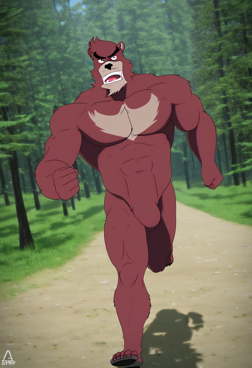 solo male, kumatetsu, anthro, bara, bear, running, forest background, high quality, 4k, super sample, super detailed, fantastic quality, fantastic art