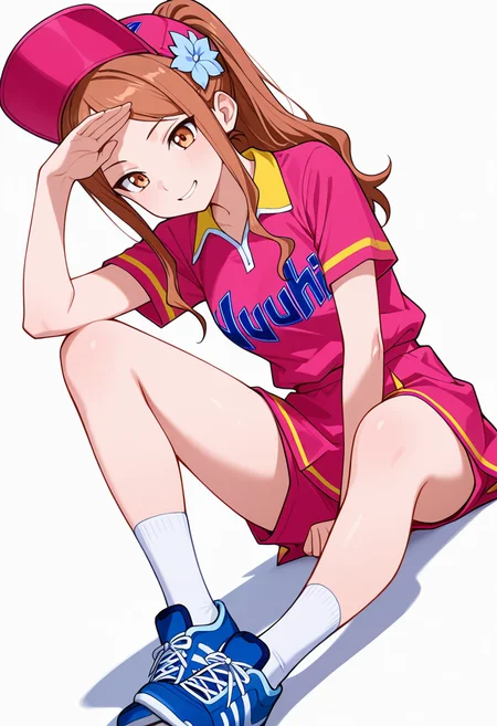 masterpiece,high quality details, absurdres,
<lora:Aona:0.8> aona_cnr, 1girl, brown hair, long hair, ponytail, brown eyes,
aona_s1,uniform_cnr, sportswear,pink shirt, short sleeves, shorts,skirt, socks,blue sneakers, hat, hair flower,, simple background, white background, dutch angle,solo,, forced smile,in heat,, one foot propped on surface,arm draped over forehead,dynamic twist,