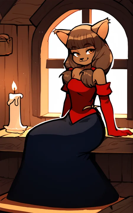 score_9, score_8_up, score_7_up,((best quality)), absurdres, <lora:3d-2d:0.8>, <lora:MirandaPXL:0.9>,MirandaPXL,animal ears, brown hair, furry, dark skin, furry female, cat ears, brown eyes, red gloves, brown hair, amber eyes, long hair, animal nose, bangs, blunt bangs, twintails, cat tail, gloves, elbow gloves, shirt, long skirt, bare shoulders, skirt, black skirt, red shirt, sitting, inside cabin, medieval, candles, vegetation,smile,solo