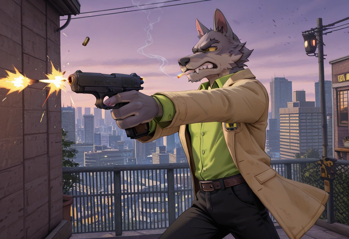 masterpiece, best quality, amazing quality, very aesthetic, absurdres, newest,  high quality, detailed, 
male, solo male, DaleDonovan, 1boy, mature male, male, anthro, wolf, broad shoulders, scruffy, gray fur, light tan underbelly, black eyes, yellow sclera, thick eyebrows, animal ears, 
tan jacket, green collared shirt, black pants, nipples, bashful, cigarette, clenched teeth, canine teeth, serious, annoyed, belt, m1911a1, firing gun, muzzle flash, shell casing, shooting post, one hand, running, action pose, side view, cowboy shot, 
outside, rooftops, city skyline, looking at viewer, detailed background,