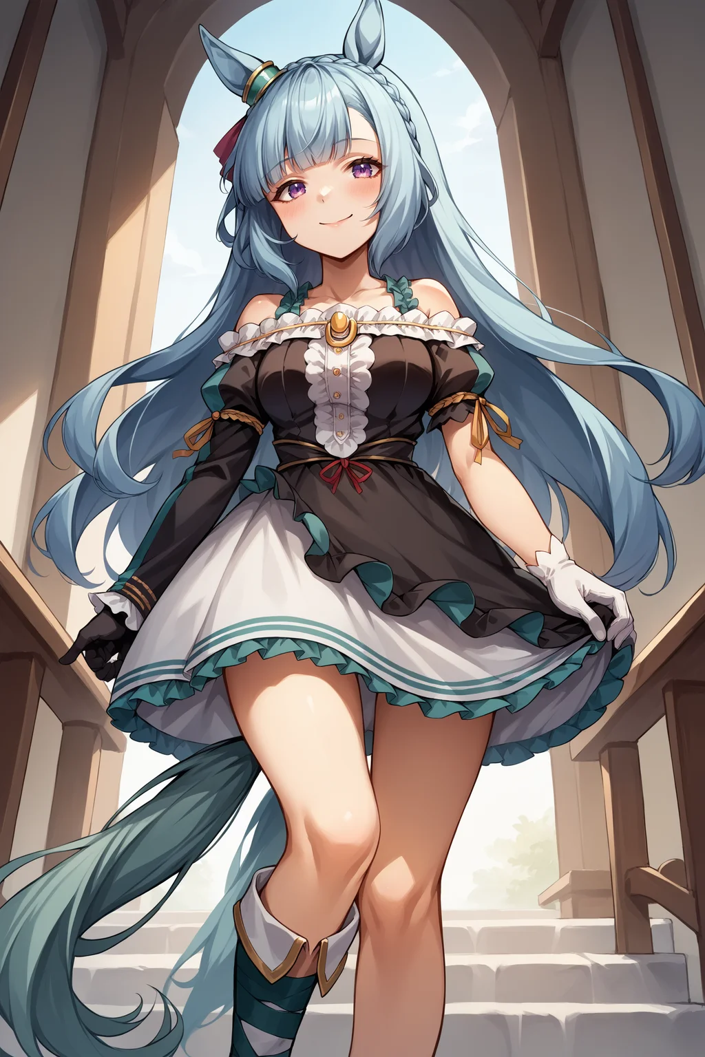 score_9, score_8_up, score_7_up, , rating_general ,1girl , ards, crown braid, horse ears, ear ornament, frills, off-shoulder dress, uneven sleeves, asymmetrical gloves, horse tail, mismatched footwear, dynamic angle , source_anime    ,  cowboy shot, indoors, naughty face, smile, night, outdoors, <lora:ArdanPDCAME UMA:1>