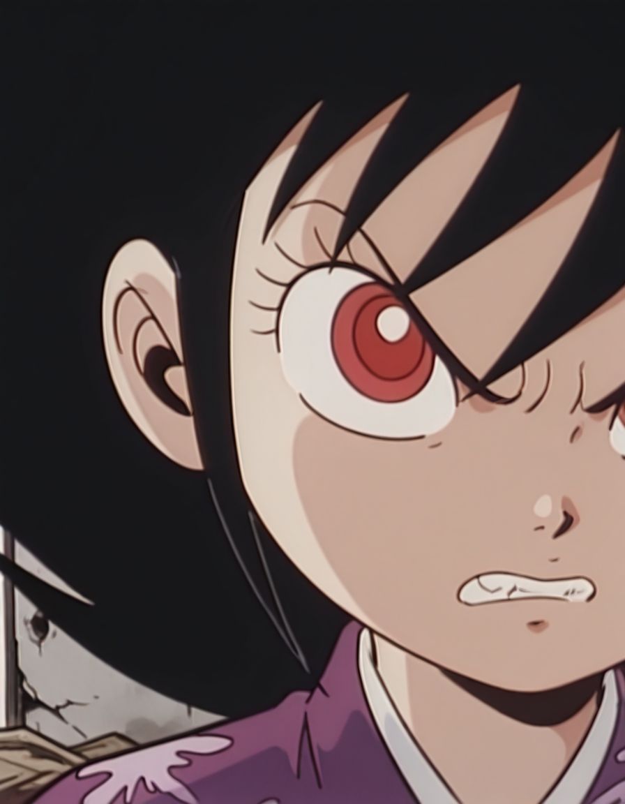 masterpiece, best quality, abandoned japanese bedroom, kimono, angry, clenched teeth, face close-up, solo, 
<lora:0ni:1>, 0ni, 1girl, black hair, long hair, spiked hair, red eyes, 1960s \(style\),