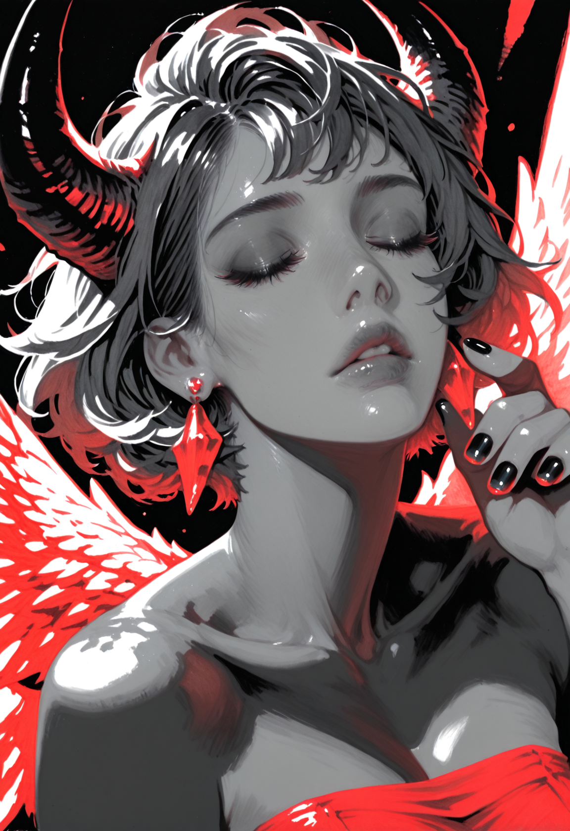 1girl, solo, short hair, dress, bare shoulders, collarbone, upper body, closed eyes, earrings, parted lips, horns, wings, hand up, nail polish, eyelashes, lips, strapless, red dress, black nails, strapless dress, traditional media, monochrome, painting \(medium\), watercolor \(medium\), graphite \(medium\),
.<lora:11Ri-MIX_a2-000013:1> rimixa, masterwork, masterpiece, best quality, dynamic lighting , dynamic pose,,  dynamic angle, , , , (lineless), detailed, <lora:Detailer_NoobAI_Incrs_v1:0.5>, ,  depth of field, dynamic lighting, blurry, cheekbones, aged up, (realistic:1.2)
<lora:zy_illustrious_Realism_Enhancer_v1:0.25>, lips, nose