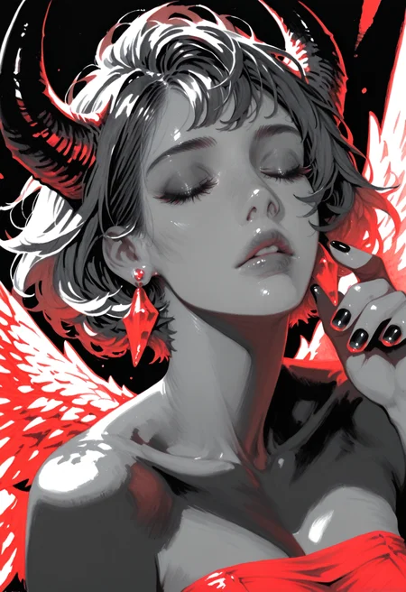 1girl, solo, short hair, dress, bare shoulders, collarbone, upper body, closed eyes, earrings, parted lips, horns, wings, hand up, nail polish, eyelashes, lips, strapless, red dress, black nails, strapless dress, traditional media, monochrome, painting \(medium\), watercolor \(medium\), graphite \(medium\),
.<lora:11Ri-MIX_a2-000013:1> rimixa, masterwork, masterpiece, best quality, dynamic lighting , dynamic pose,, dynamic angle, , , , (lineless), detailed, <lora:Detailer_NoobAI_Incrs_v1:0.5>, , depth of field, dynamic lighting, blurry, cheekbones, aged up, (realistic:1.2)
<lora:zy_illustrious_Realism_Enhancer_v1:0.25>, lips, nose