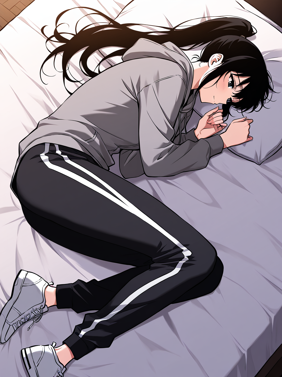 <lora:Omniscient_Readers_Viewpoint__Lee_Jihye:1>
1girl, solo, long hair, black hair, tied hair, high ponytail, black eyes, messy bangs, 
gray hoodie, black t shirt, black track pants, white stripe pants, white sneakers, modern clothing, 
score_9, score_8_up, score_7_up, score_6_up, source_anime, masterpiece, best quality, top-down view, a beautiful woman lying on a bed, relaxed pose, long flowing hair spread on the pillow, soft lighting, cozy bedroom, gentle expression, elegant nightgown, delicate sheets, natural shadows, serene atmosphere, slight perspective distortion from above