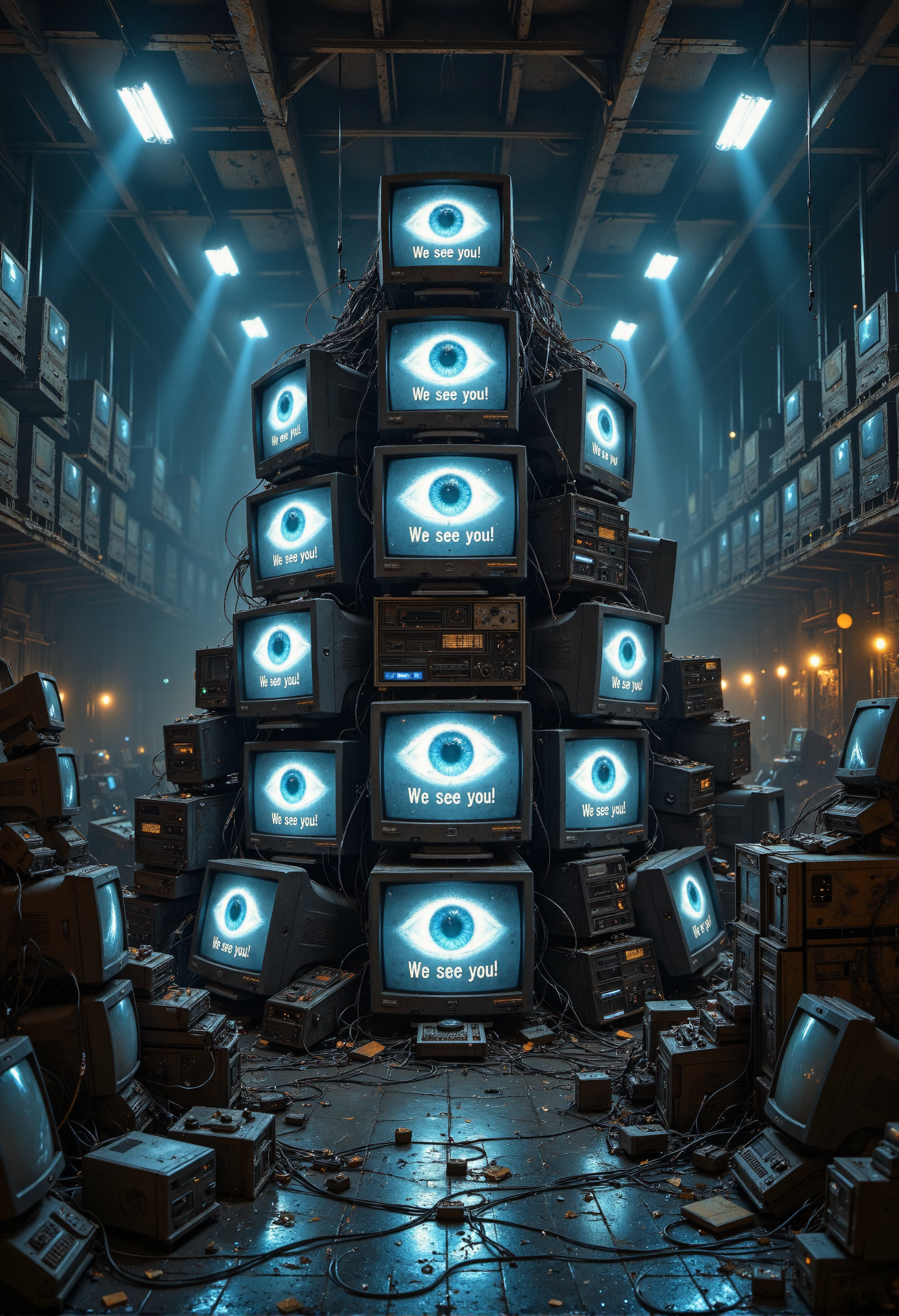 A chaotic stack of old CRT monitors and televisions is piled high in the center of a dimly lit warehouse. Each screen displays an oversized, glowing eye, unblinking and eerie, with the ominous words 'We see you!' written in bold beneath the eye. The screens casting a cold, bluish glow across the room, giving the scene an unsettling, dystopian vibe.  The warehouse itself is packed floor-to-ceiling with countless other monitors, all showing the same watchful eye. The dim lighting from exposed, flickering overhead bulbs barely illuminates the vast space, leaving rows of old, dust-covered monitors in shadow. Cables and wires spill out from the stacks of screens, tangled and sprawling across the cracked concrete floor. The heavy air is thick with dust and the faint hum of electricity, adding to the oppressive atmosphere. The glowing eyes follow every movement, creating a pervasive sense of surveillance and control, as if the warehouse itself is alive with watchful intent. <lora:Midjourney_Dreamlike_Fantasy_FLUX_LoRA.safetensors:0.75>,  <lora:artisketchyfs-v02.safetensors:0.75>,