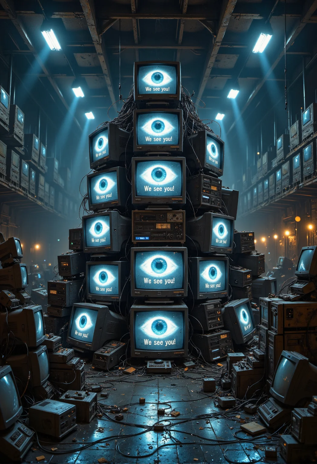 A chaotic stack of old CRT monitors and televisions is piled high in the center of a dimly lit warehouse. Each screen displays an oversized, glowing eye, unblinking and eerie, with the ominous words 'We see you!' written in bold beneath the eye. The screens casting a cold, bluish glow across the room, giving the scene an unsettling, dystopian vibe.  The warehouse itself is packed floor-to-ceiling with countless other monitors, all showing the same watchful eye. The dim lighting from exposed, flickering overhead bulbs barely illuminates the vast space, leaving rows of old, dust-covered monitors in shadow. Cables and wires spill out from the stacks of screens, tangled and sprawling across the cracked concrete floor. The heavy air is thick with dust and the faint hum of electricity, adding to the oppressive atmosphere. The glowing eyes follow every movement, creating a pervasive sense of surveillance and control, as if the warehouse itself is alive with watchful intent. <lora:Midjourney_Dreamlike_Fantasy_FLUX_LoRA.safetensors:0.75>,  <lora:artisketchyfs-v02.safetensors:0.75>,
