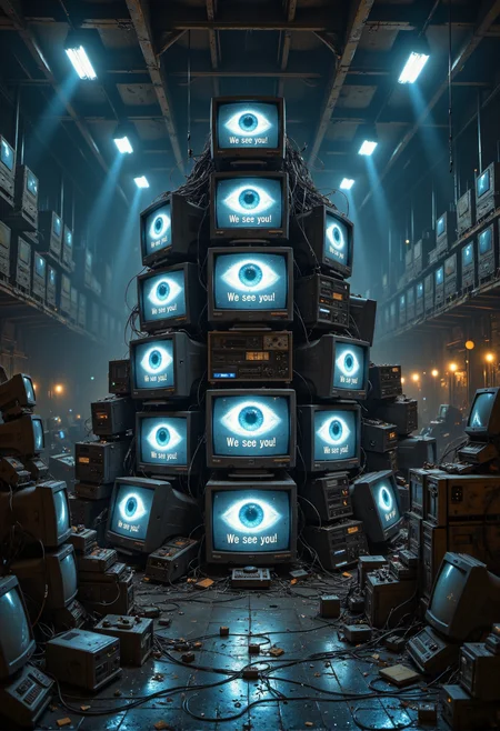 A chaotic stack of old CRT monitors and televisions is piled high in the center of a dimly lit warehouse. Each screen displays an oversized, glowing eye, unblinking and eerie, with the ominous words 'We see you!' written in bold beneath the eye. The screens casting a cold, bluish glow across the room, giving the scene an unsettling, dystopian vibe. The warehouse itself is packed floor-to-ceiling with countless other monitors, all showing the same watchful eye. The dim lighting from exposed, flickering overhead bulbs barely illuminates the vast space, leaving rows of old, dust-covered monitors in shadow. Cables and wires spill out from the stacks of screens, tangled and sprawling across the cracked concrete floor. The heavy air is thick with dust and the faint hum of electricity, adding to the oppressive atmosphere. The glowing eyes follow every movement, creating a pervasive sense of surveillance and control, as if the warehouse itself is alive with watchful intent. <lora:Midjourney_Dreamlike_Fantasy_FLUX_LoRA.safetensors:0.75>, <lora:artisketchyfs-v02.safetensors:0.75>,