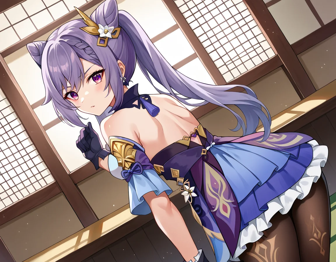 score_9, score_8_up, score_7_up, source_anime,
keqing, <lora:genshin-keqing-ponyxl-lora-nochekaiser:1>,
keqing, braid, cone hair bun, hair bun, hair ornament, long hair, purple eyes, purple hair,
bare shoulders, black pantyhose, detached sleeves, dress, gloves,
indoors, dojo, bent over,
looking at viewer, cowboy shot, dutch angle,