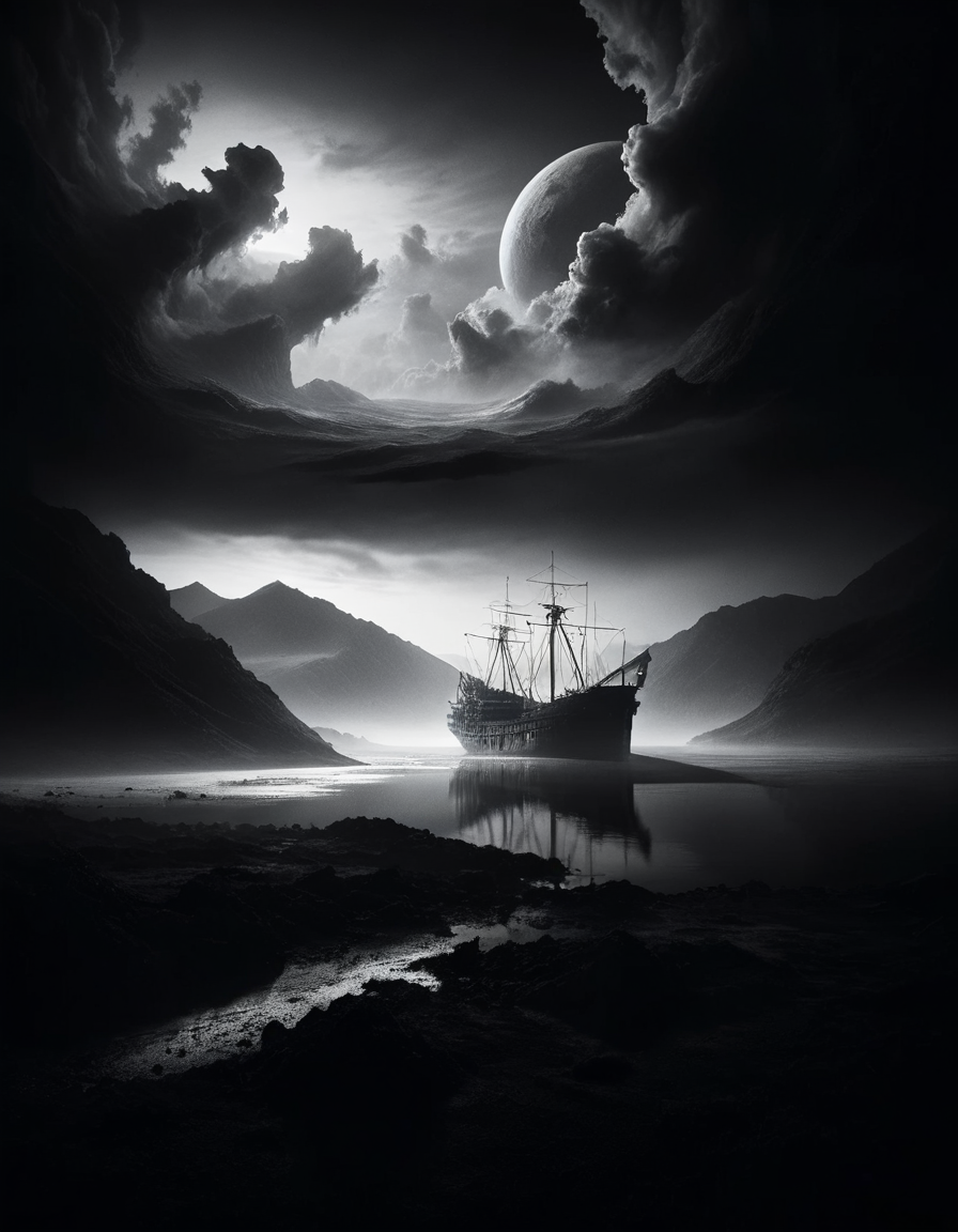 "The ral-drkatmsphr of Bounty", Scenic, [by Hideyuki Kikuchi, (Graham Ingels:0.8) ::18], Indirect light, 50mm, Single Color, monochromatic, <lora:ral-drkatmsphr-sdxl:1>, atmosphere, illustrious, dynamic background, complex artistic color composition, highly color focused, vibrant, highly complex, highly decorated