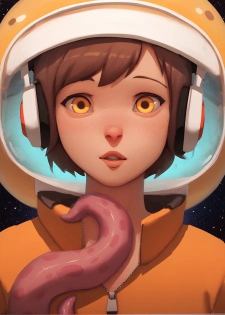 score_9, score_8_up, score_7_up, score_6_up, general, 1girl, solo, looking at viewer, short hair, brown hair, long sleeves, holding, jacket, upper body, yellow eyes, parted lips, orange eyes, headphones, tentacles, zipper, computer, octopus, jellyfish, space helmet
<lora:Sinnerart_c-3:1> sinnerart