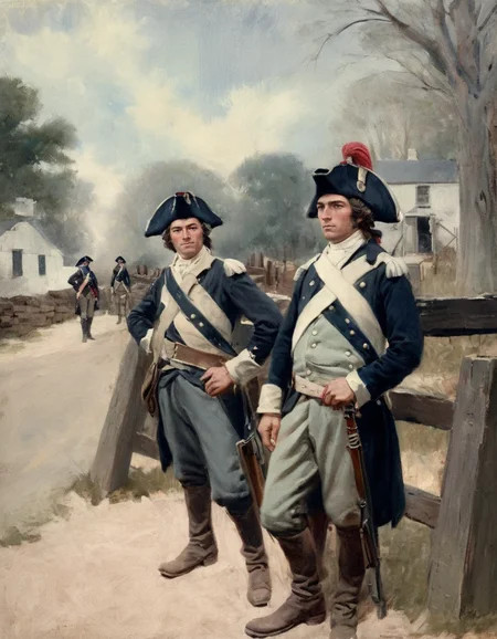 a pyle painting depicting three American colonial soldiers, in uniform with tricorn hats, standing guard at a street barricade, on a New England country road during the American Revolutionary War in 1777, Textured, vintage, edgy, detailed, artistic <lora:HPyle3:1>