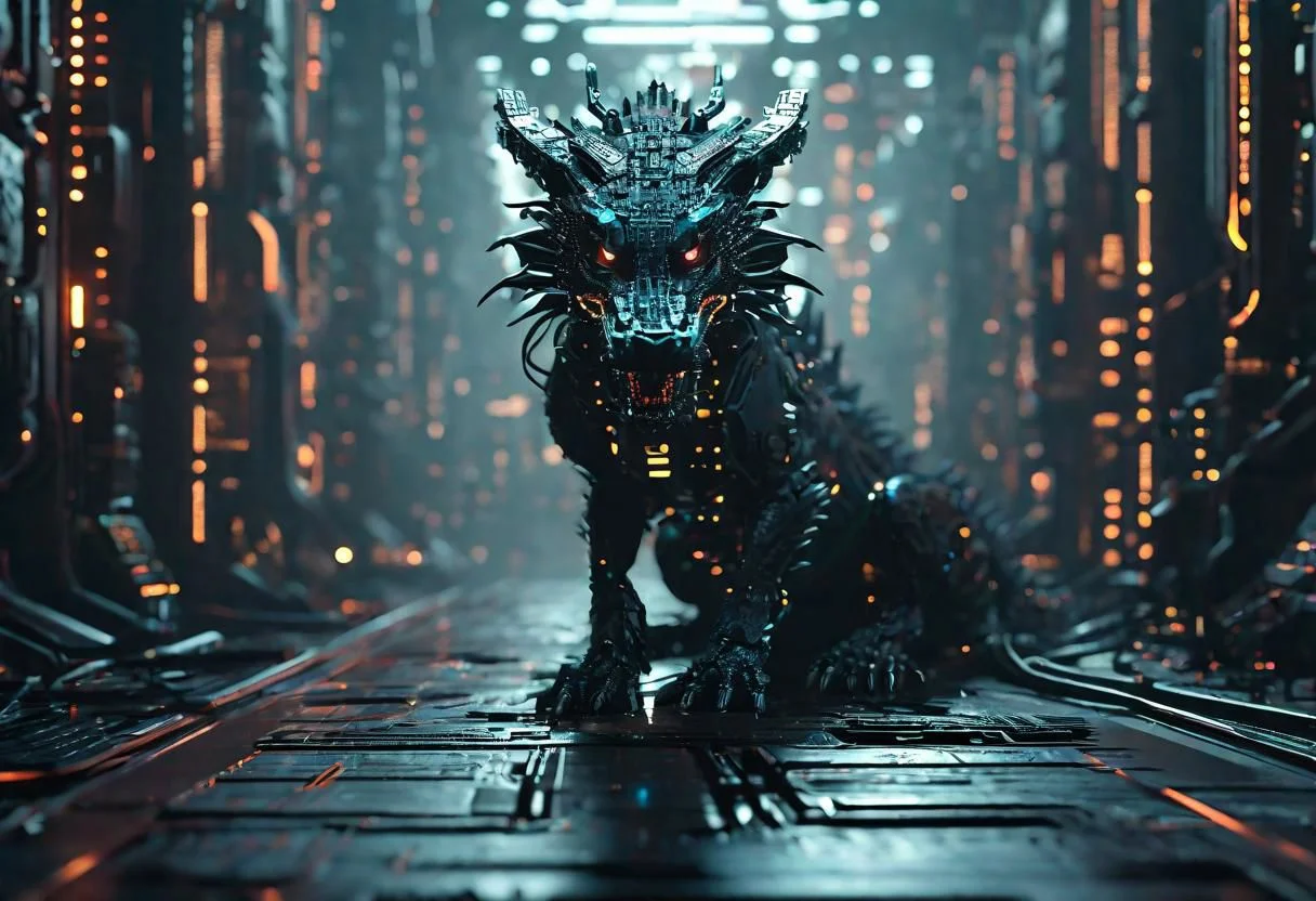 circuitboard chinese dragon, ((focus)), dark futuristic, cyberpunk, bioluminescent