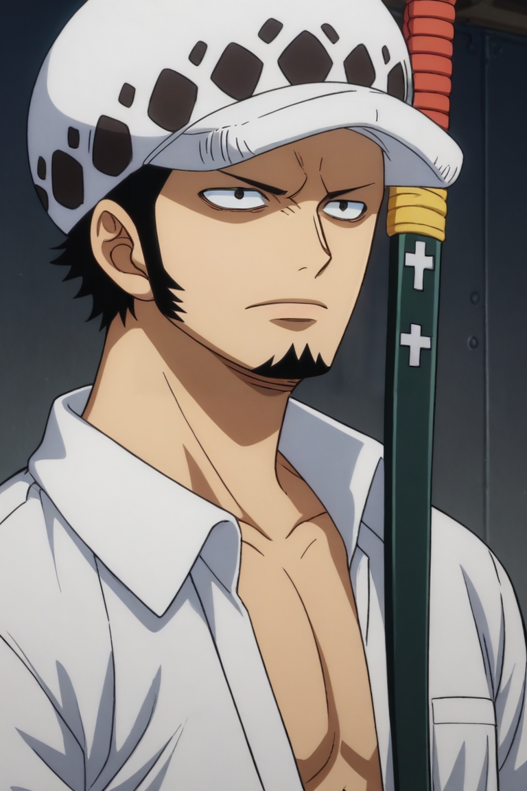 score_9, score_8_up, score_7_up, source_anime, , anime screencap, , official style, , , , 1boy, solo, male focus, <lora:law_trafalgar_pony:0.8>, law_trafalgar, black hair, black eyes, short hair, facial hair, sideburns, long sideburns, goatee, hat, post timeskip, wano country arc, weapon, sword, sheathed, holding weapon, short sleeve shirt, newsboy cap, science fiction dystopian, Arms folded across the chest, appearing closed off or guarded, <lora:sdxl_lightning_8step_lora:1>