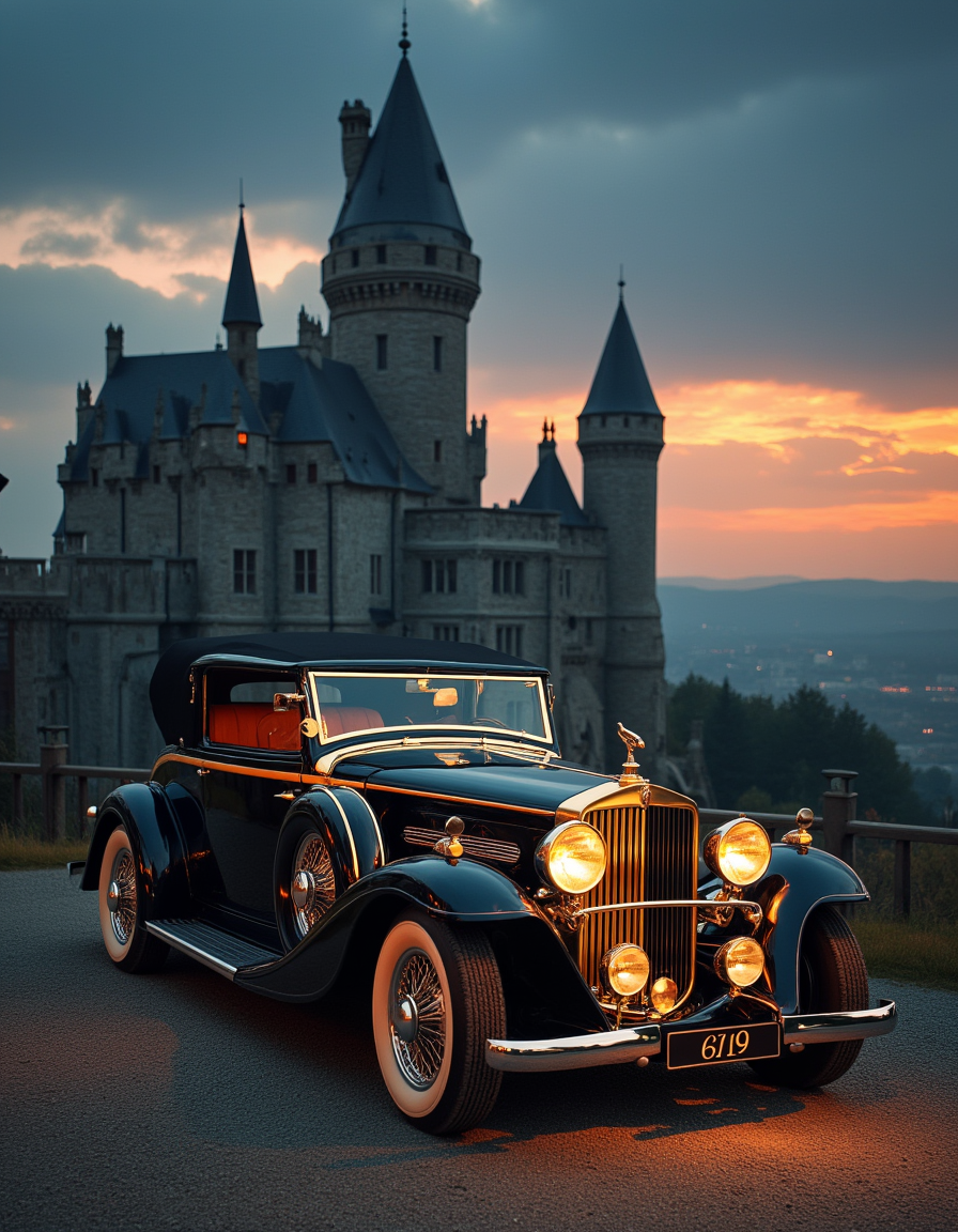 <lora:MW_Minis01flux:1> mwm01, cinematic, majestic, fantasy, T10, gold, blue, bokeh, photo of a gold, black, T2, beautiful classic car, in front of a castle in a dark medieval fantasy world, T9 fire sky,