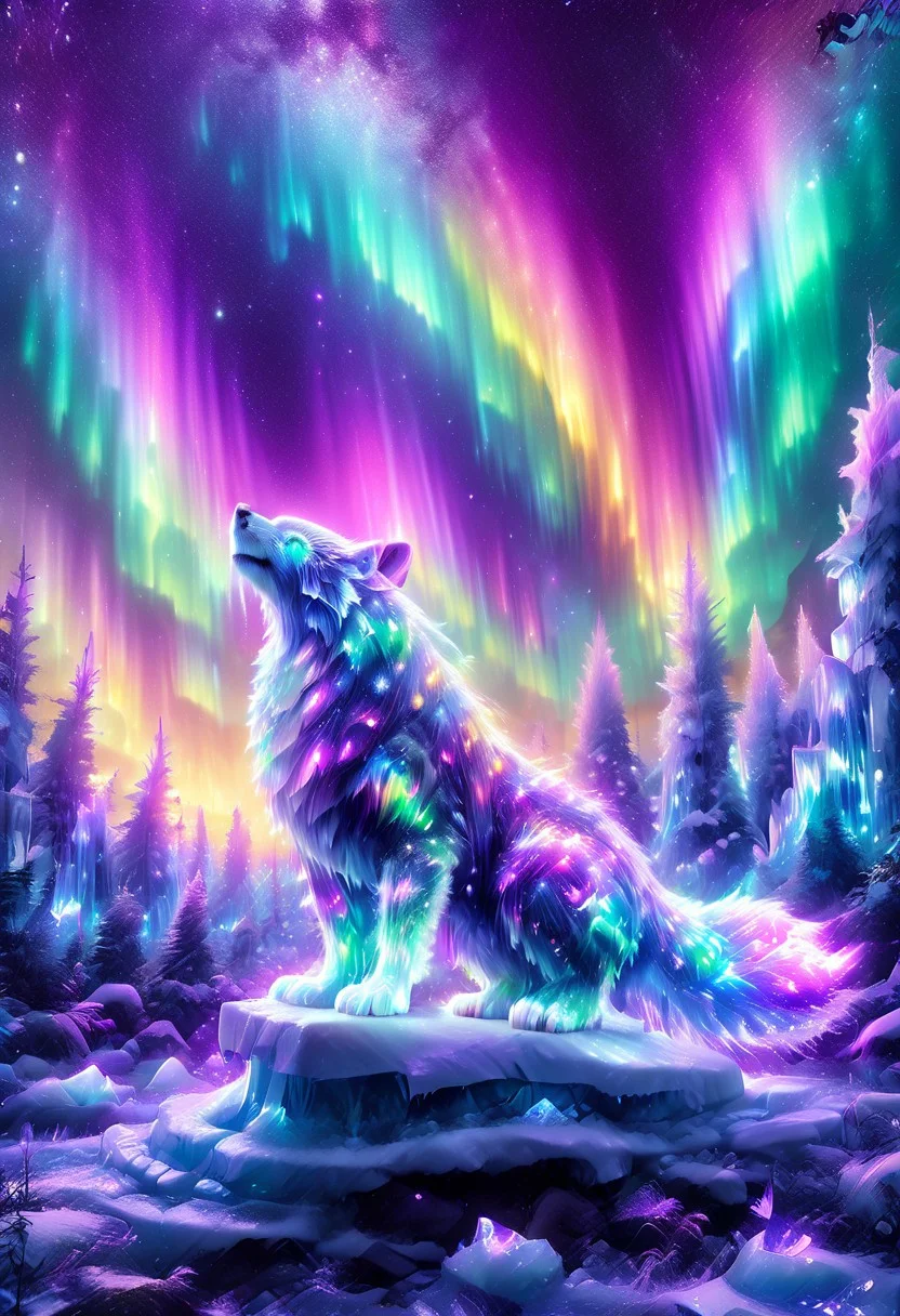lazympos, morph-aurora, A platinum-tier animal sitting in an aurora-lit crystal forest, prismatic light shards refract through ice formations, glowing celestial patterns dance across its obsidian collar, hyper-detailed fur texture with rainbow iridescence, 8k resolution.
