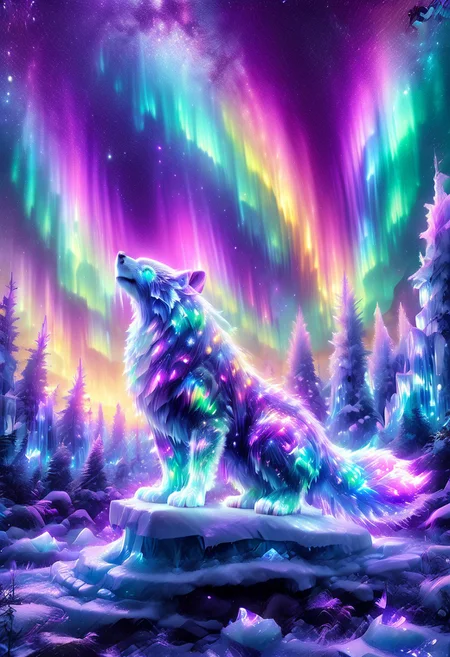 lazympos, morph-aurora, A platinum-tier animal sitting in an aurora-lit crystal forest, prismatic light shards refract through ice formations, glowing celestial patterns dance across its obsidian collar, hyper-detailed fur texture with rainbow iridescence, 8k resolution.