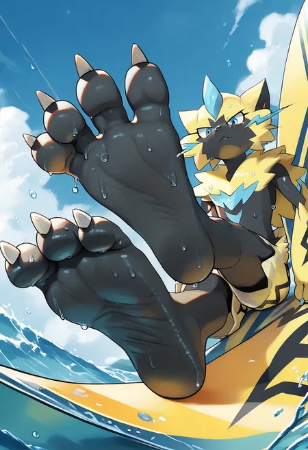 <lora:SlimesZeraora:1>, score_9, score_8_up, score_7_up, slimes_zeraora, solo, dark feet, 3 toes, foot focus, feet style, foot style, water, surfing, feet on surfboard, wet on feet, close-up