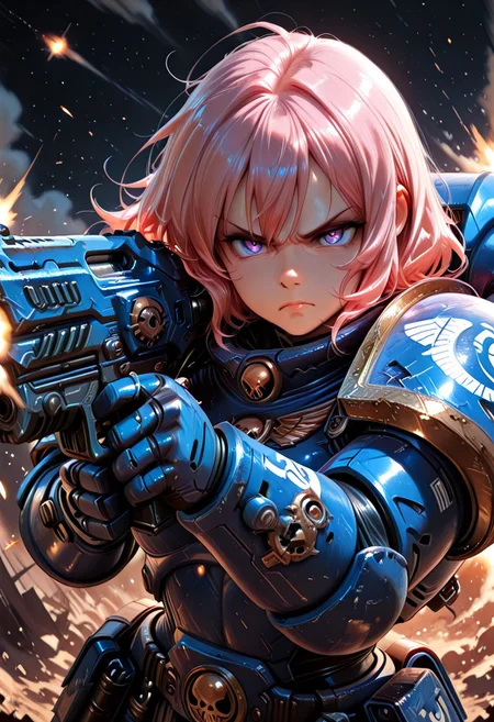 masterpiece, best quality, 1girl, solo, female, CivChan, purple eyes, pink hair, serious expression, space marine, power armor, firing gun, heavy bolter, battlefield background, UltraM40k, no helmet