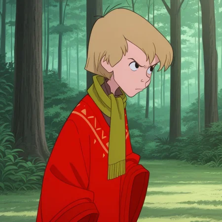 score_9, score_8_up, score_7_up, (masterpiece, amazing quality, best quality, anime coloring, official style), very aesthetic, illustration, perfect composition, intricate details, absurdres, incredibly absurdres, ((1boy, blonde hair, black eyes, short hair, arthurwart, male focus, solo, Long sleeves, Wide sleeves, scarf, red poncho)), outdoors , forest, annoyed, looking away , face focus