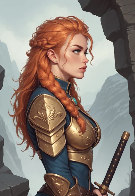 safe_pos, score_9, score_8_up, score_7_up, score_6_up, fearless warrior, intricate golden armor, mythical, flowing ginger hair, hyper-realistic, epic angle, dramatic lighting, wielding a legendary flaming sword, powerful physique, fierce expression, piercing emerald eyes, ready for battle
BREAK
standing atop a ancient stone fortress
BREAK
source_action_art, rating_explicit, awe-inspiring, upper body, side view, powerful stance
BREAK
highly detailed environment, crumbling stone walls, distant mountain range, stormy skies, flickering torches, battle-ready ambiance