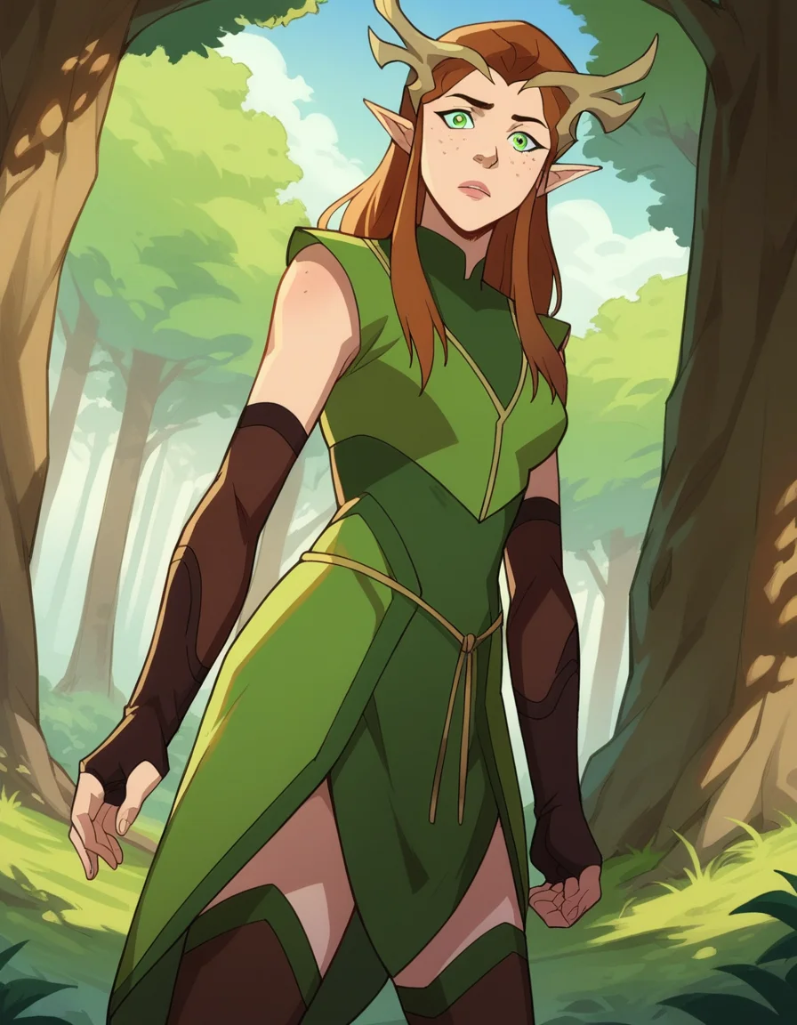 score_9, score_8_up, score_7_up, source_anime,
keyleth, <lora:keyleth-ponyxl-lora-nochekaiser:1>,
keyleth, long hair, brown hair, green eyes, pointy ears, elf, antlers, freckles,
thighhighs, gloves, boots, fingerless gloves, thigh boots, brown footwear, green dress,
outdoors, nature,
looking at viewer, dutch angle, cowboy shot,