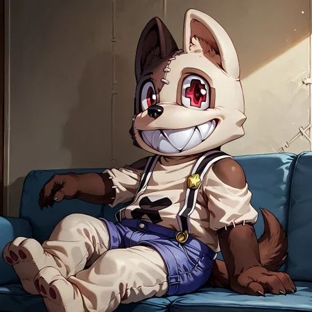score_9, score_8_up, score_7_up, detailed background, high quality, high res, furry, 5 fingers, 3 toes, Shuichi, dog, big smile, sharp teeth, brown tail, stitches, odd pupil, red eyes, black nose, black x on belly, chubby, male, animal ears, white and brown body, 1boy, 2d, furry male, furry, solo, purple overalls, relaxed, sitting on couch, lazy, smile, looking at viewer, inside,