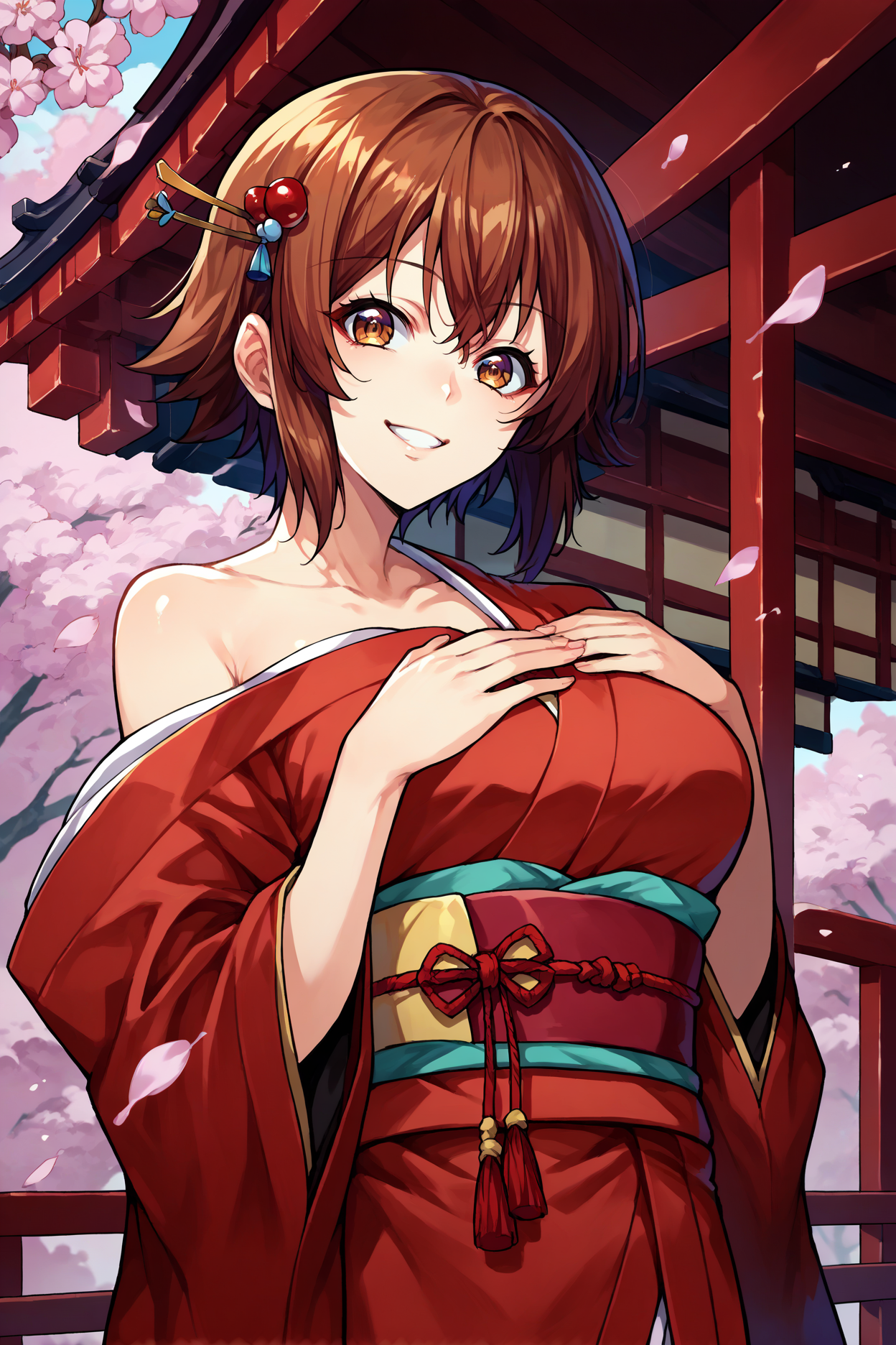 score_9, score_8_up, score_7_up, score_6_up, source_anime, 1girl, solo <lora:kotegawachisa-pdxl-nvwls-v1-000005:1> gbchisa, brown hair, short hair, brown eyes, (large breasts:0.8), cherry blossoms, red kimono, sash, off-shoulder, looking at you, happy, hairpin, japanese architecture, hand on own chest