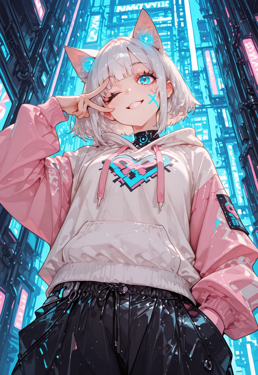 tilted view, 1girl solo, cyberpunk, white hair, short hair, glowing blue eyes, cyber cat ears, electrical circuits on her face, wink, one hand near face with victory sign, white hoodie with pink sleeves, neon Graffiti logo on hoodie, soft breast, loose pants with large pockets, energetic smile, low angle, large pants small upper body, looking ar viewer,
futurstic background, sci-fi skyscrapers,