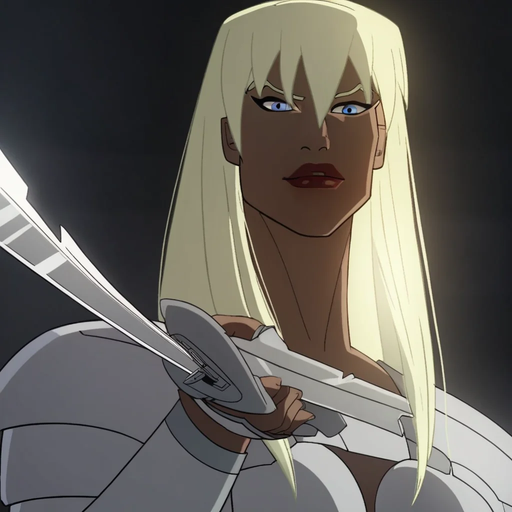 score_9, score_8_up, score_7_up, 1girl, solo, lipstick, blonde hair, long hair, blue eyes, breast, armor, sword, Gilotina (dc), looking at viewer