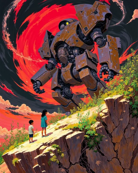 DB4RZ style painting, Two children standing on a rocky cliff, a large broken robot at their feet, swirling red and black abstract patterns in the sky, vibrant plants growing through cracks in the rock