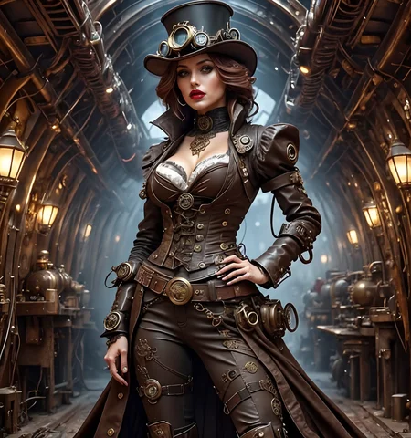RAW photo, (masterpiece:1.3), subsurface scattering, heavy shadow, (high quality:1.4), (intricate, high detail:1.2), professional photography, HDR, High Dynamic Range, realistic, ultra realistic, photorealistic, high resolution, film photography, ambient lighting, atmospheric effects, <lora:detail_slider_v4:2>, OverallDetail,   <lora:SteampunkChar:1>, 1girl, airship, belt, bird, black dress, black headwear, brown footwear, cleavage, closed mouth, coat, corset, facial hair, hand on hip, hat, jacket, jewelry, large breasts, lips, medium breasts, necklace, pants, red lips, solo, steamchar, steampunk,