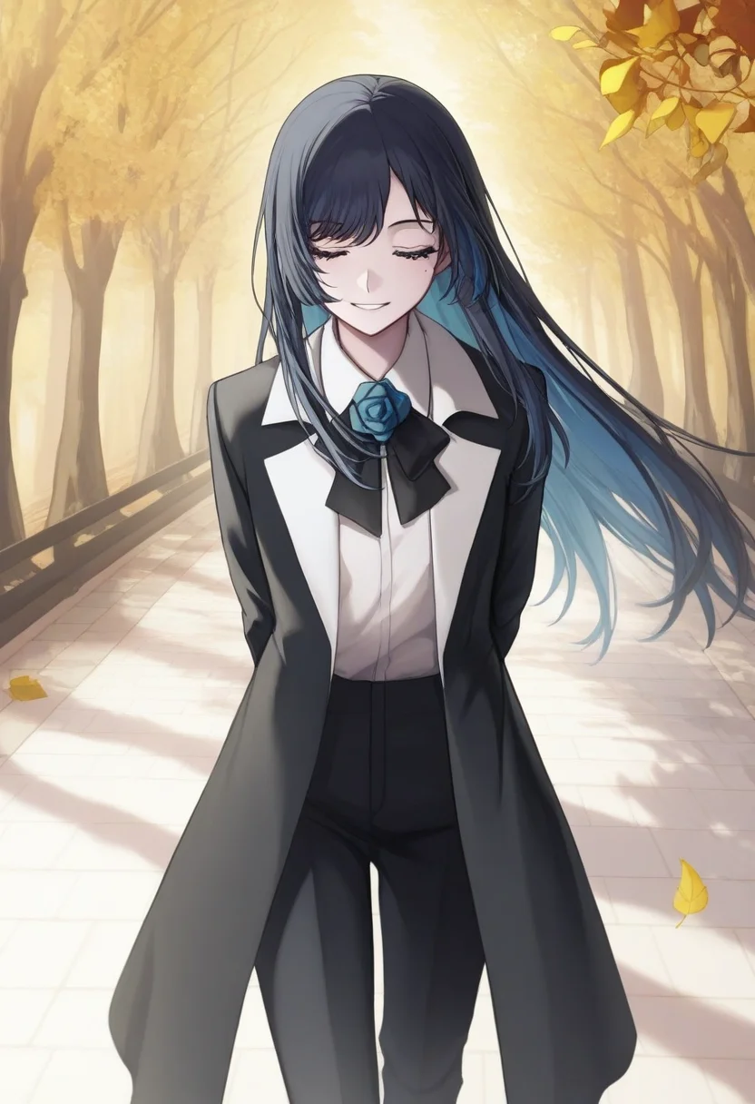 1girl, solo, chando, long hair, flower brooch, blue eyes, mole under eye, blue hair, multicolored hair, blue flower, blue rose, white shirt, collared shirt, black coat, black bowtie, black pants,
smiling, closed eyes, hands behind back, walking, sunlit path, tree-lined road, fall leaves, golden light, calm atmosphere, warm feeling
, <lora:Character_Ado - Chando:0.8>