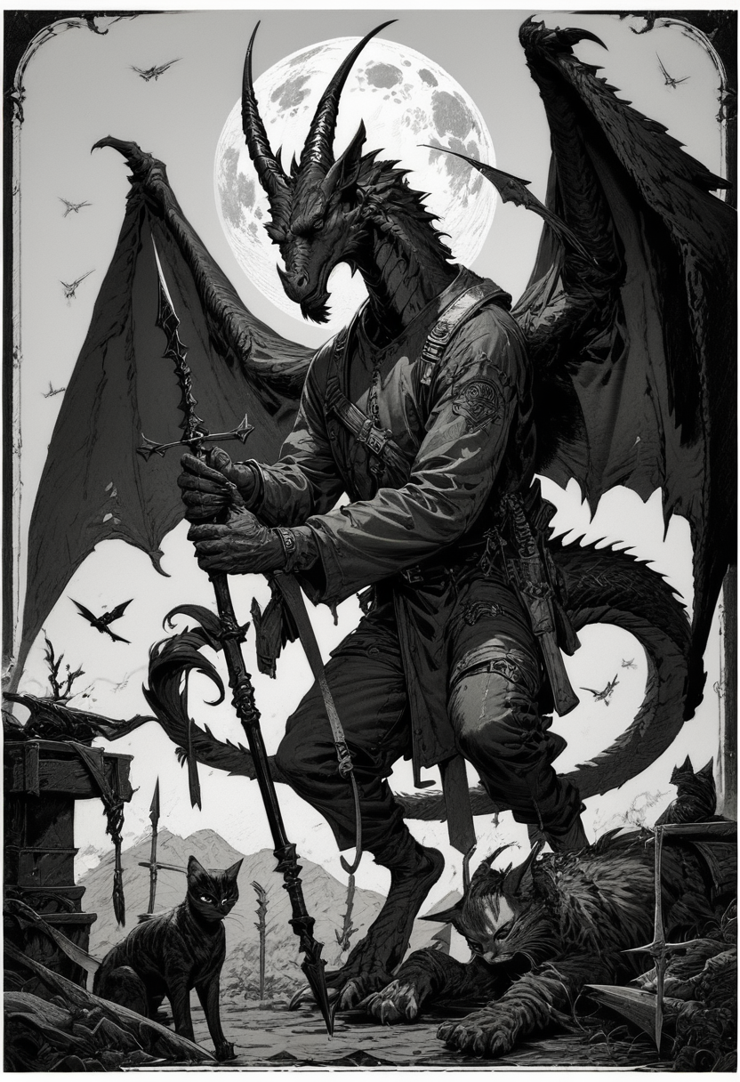 (score_9, score_8_up), score_7_up, zPDXL, holding, tail, monochrome, weapon, wings, horns, sword, holding weapon, animal, border, moon, cat, polearm, 1other, spear, dragon<lora:GRIM_v1:0.9>