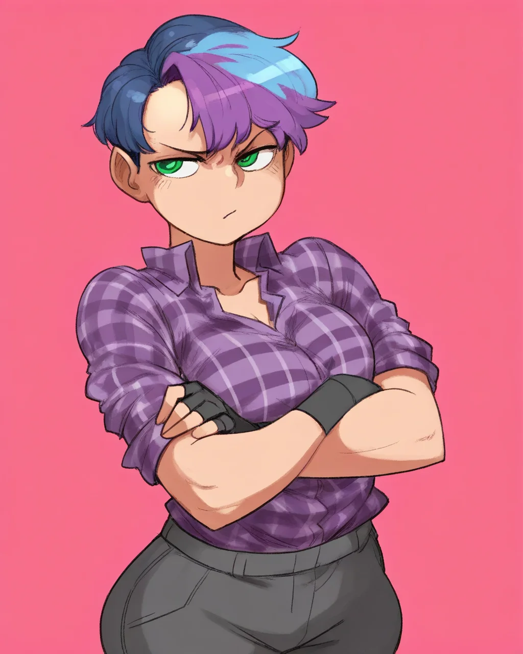 [by khyle.|by krekkov], (by asanagi:0.5), 1girl, solo, anonymous asexual, short hair, multicolored hair, purple hair, blue hair, green eyes, plaid shirt, purple shirt, pants, crossed arms, fingerless gloves, masterpiece, best quality, high quality, <lora:noobaivpred_anonymous_asexualv1.5:1>