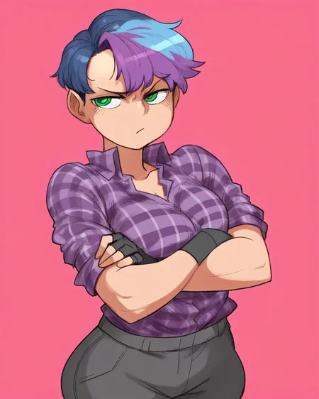 [by khyle.|by krekkov], (by asanagi:0.5), 1girl, solo, anonymous asexual, short hair, multicolored hair, purple hair, blue hair, green eyes, plaid shirt, purple shirt, pants, crossed arms, fingerless gloves, masterpiece, best quality, high quality, <lora:noobaivpred_anonymous_asexualv1.5:1>