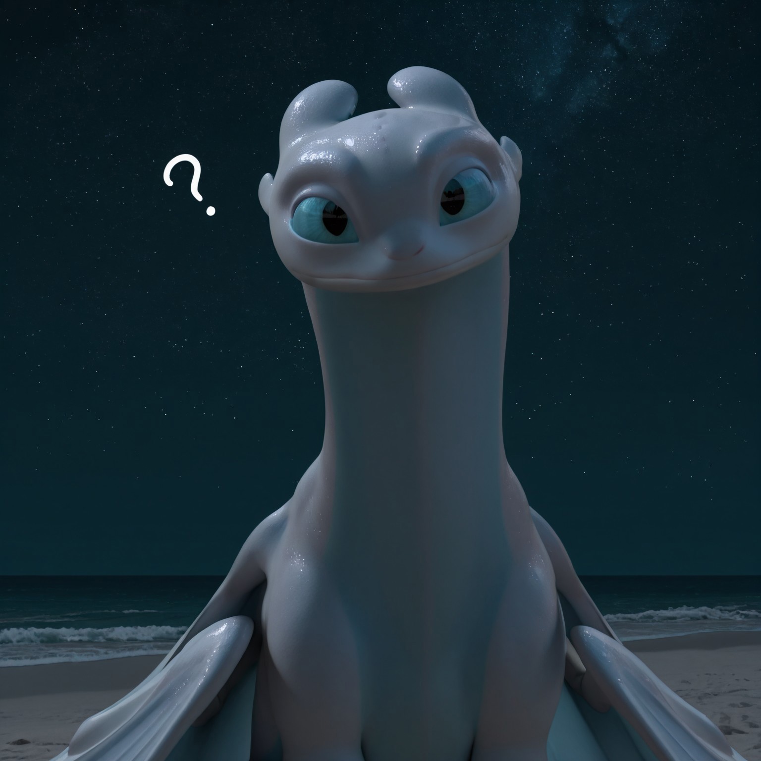 8k, uncensored, masterpiece, best quality, highly detailed, realistic, 1girl, solo, LightFuryHTTYD,furry, feral, dragon, scalie, light-blue sclera, black eyes, white body, white scales, light-blue body, light-blue scales, two tone body, two tone scales, dragon wings, long tail, expressionless, closed mouth, (looking at viewer, sitting, sand, night sky, stars, ocean, front view, detailed background, upper body, (head tilt, question mark)