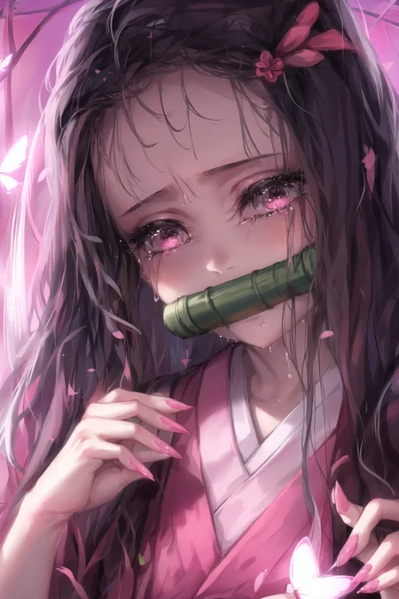 <lora:Nezuv1:0.6>, 1girl, blue butterfly, bug, butterfly, butterfly hair ornament, butterfly on hand, crying, crying with eyes open, eyelashes, gag, glowing butterfly, japanese clothes, kamado nezuko, kimono, long hair, looking at viewer, nail polish, origami, pink kimono, solo, tears, umbrella, upper body, white butterfly