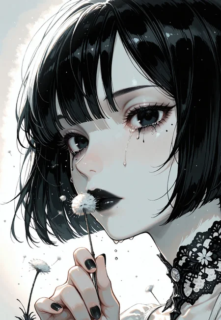 incredibly absurdres, highres, masterpiece, newest,best quality, very aesthetic, absurdres, newest, focused subject, oc-chan_(ketopon), 1girl, solo,solid black hair, bob cut, blunt bangs, hair between eyes,  solid black eyes, detailed eyes, eyelashes, mole under eye, expressionless, pale skin, black lips, lips, detached lace collard, collar bones,hand up, fingernails, nail polish, holding dandelion clock, covering mouth with dandelion, blowing, dandelion seed, crying, black tears, close up, portrait, profile, looking at viewer, object focus,backlighting, gradient background, white theme, painterly, traditional media, gloom, limited palette, monochrome, opill, Ethereal Brushstroke