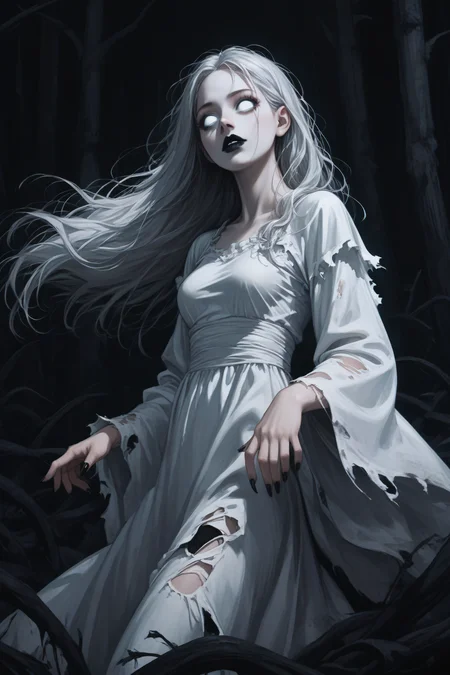 score_9, score_8_up, score_7_up, BREAK source_anime, <lora:Banshee-PonyXL-lora-Faxtron:1> banshee, 1girl, blank eyes, long hair, medium breasts, pale skin, black lips, long fingernails, black fingernails, white dress, long sleeves, wide sleeves, torn clothes, dark, horror \(theme\),