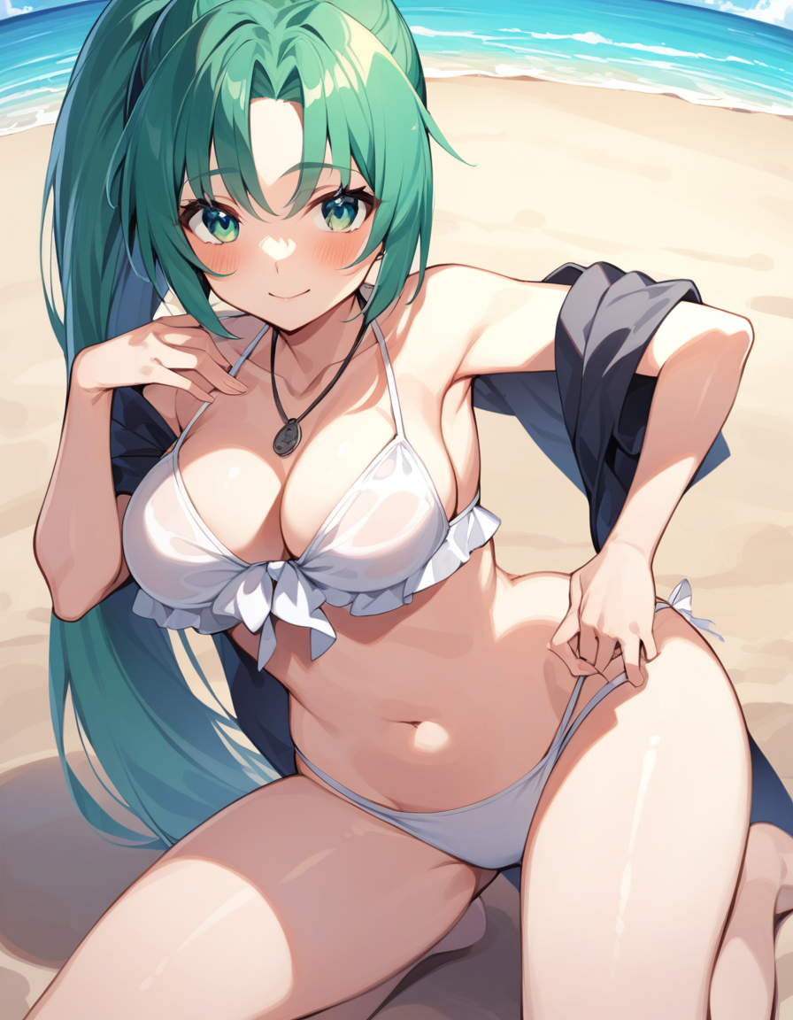 late,  1girl,   Mion Sonozaki, green hair, green eyes, ponytail,  swimsuit, beach, <lora:lora-000009:1>,