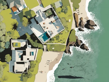 <lora:drone_photo_v1.0_XL:1>
a morden house on cliff by the ocean, by Adrian Tomine