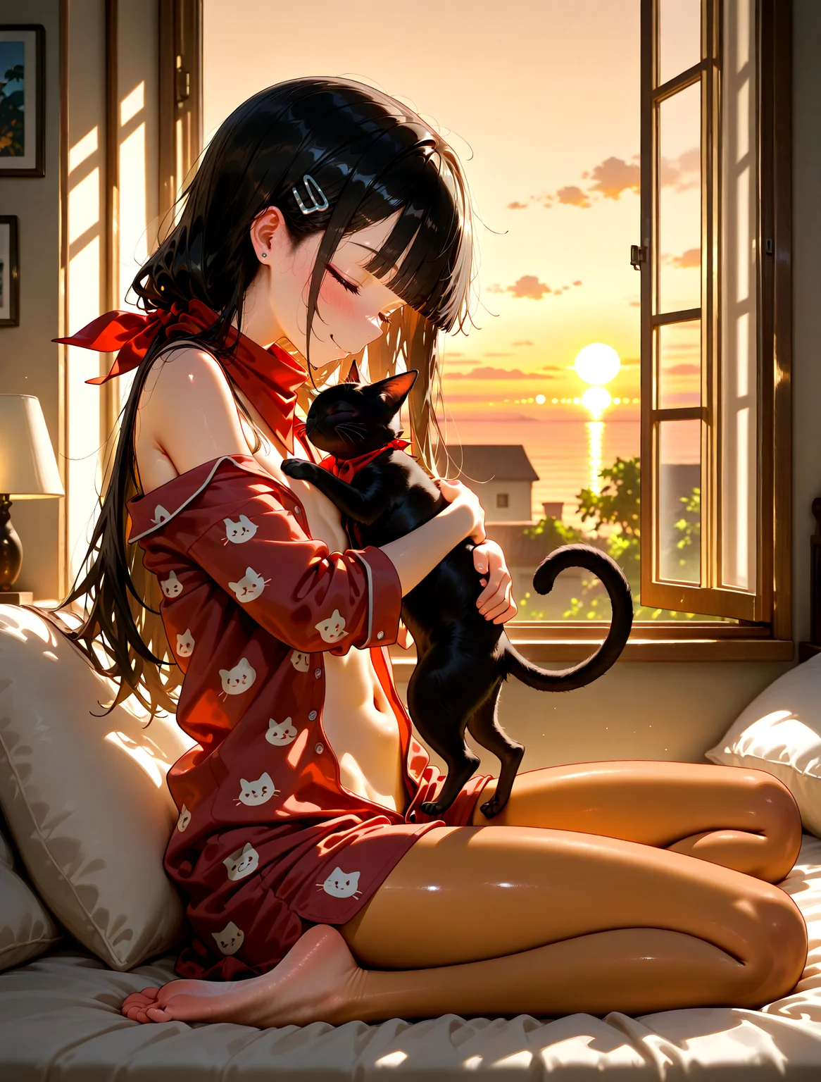 masterpiece, best quality, amazing quality, very aesthetic, absurdres, newest,
1girl,closed eyes,black hair, long hair, blunt bangs, ear clip, small flat chest, flat breast, tan, tan skin, smile,blushing, pyjamas, printed with kitten, bare shoulder,bare belly, flat belly, bare foot, red bandana,sleeping with black cat, hugging the cat, (from side:1.5), indoor,open window, bedroom, warm, cozy, pillows, starting sunset,
volumetric lighting,<lora:spo_sdxl_10ep_4k-data_lora_webui:0.8> <lora:USNR STYLE_XL_loha:0.15> <lora:sunriseSDXL:0.75><lora:xmc_v0.3_noobai_cwhj:0.7> <lora:VenetianLightingILL:0.3>