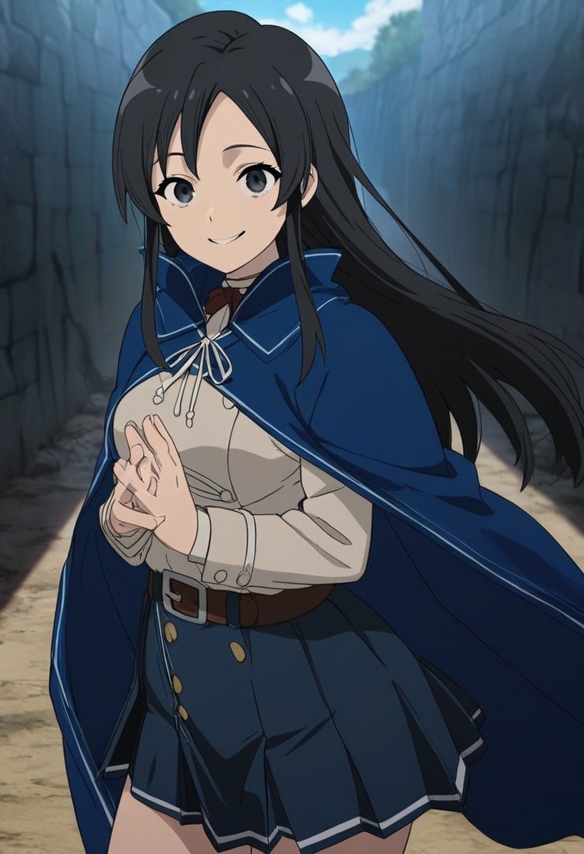 Shizuka_Nanahoshi,1girl,Outfit1,solo,masterpiece,amazing quality,smiling,blue cape,uniform,looking at viewer,skirt