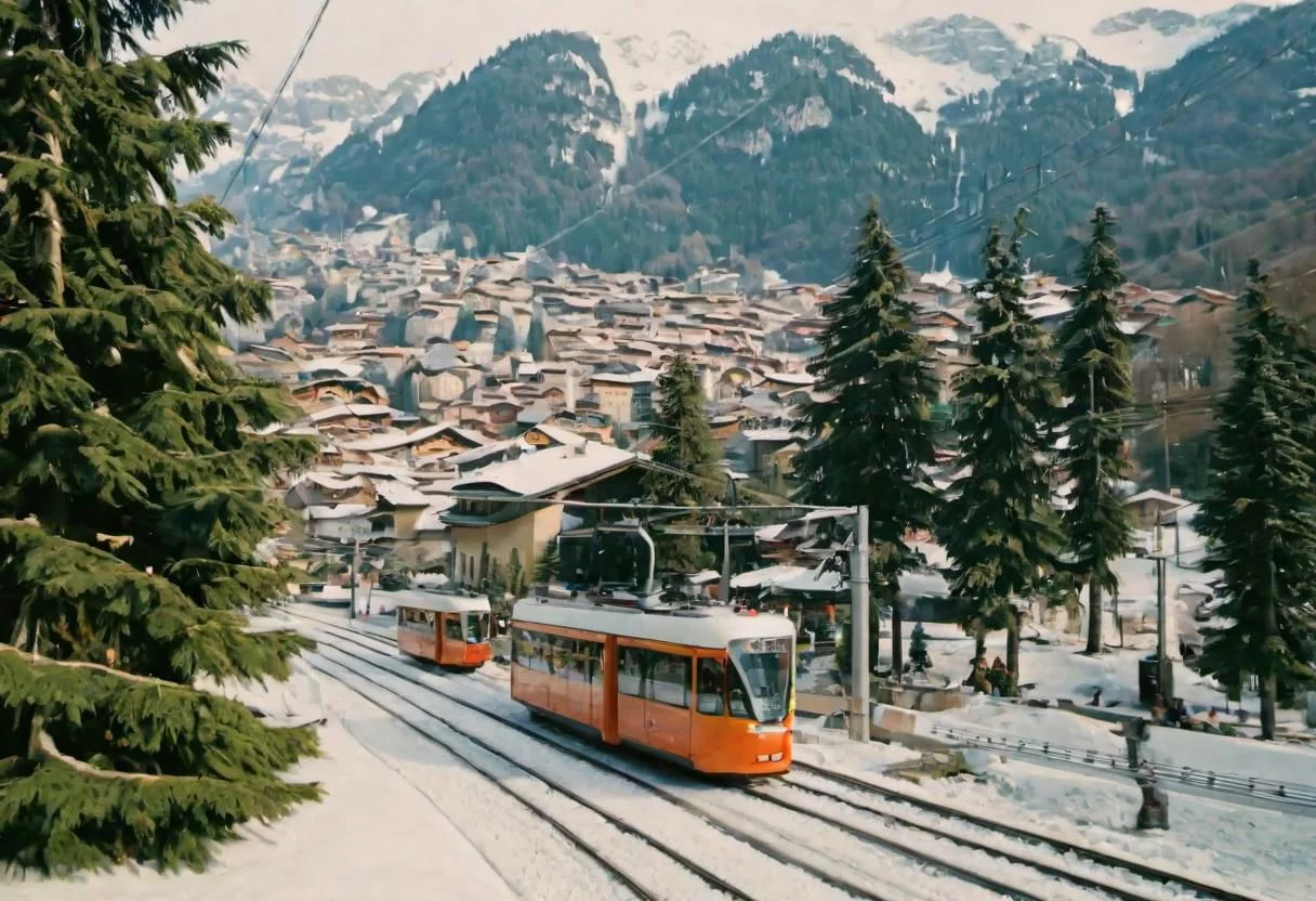 (Bokeh:1.1), kodak photo 38 mm, breath-taking film photography, movie effects, film grain, epic, masterpiece, best of the best, 4k uhd, intricate details, muted colors, wide shot of the most beautiful Swiss town in winter, snowy, pines, gigantic mountain surrounding the whole frame, tram, minimalistic, shallow depth of image, crisp, clear, haze lighting, muted colors