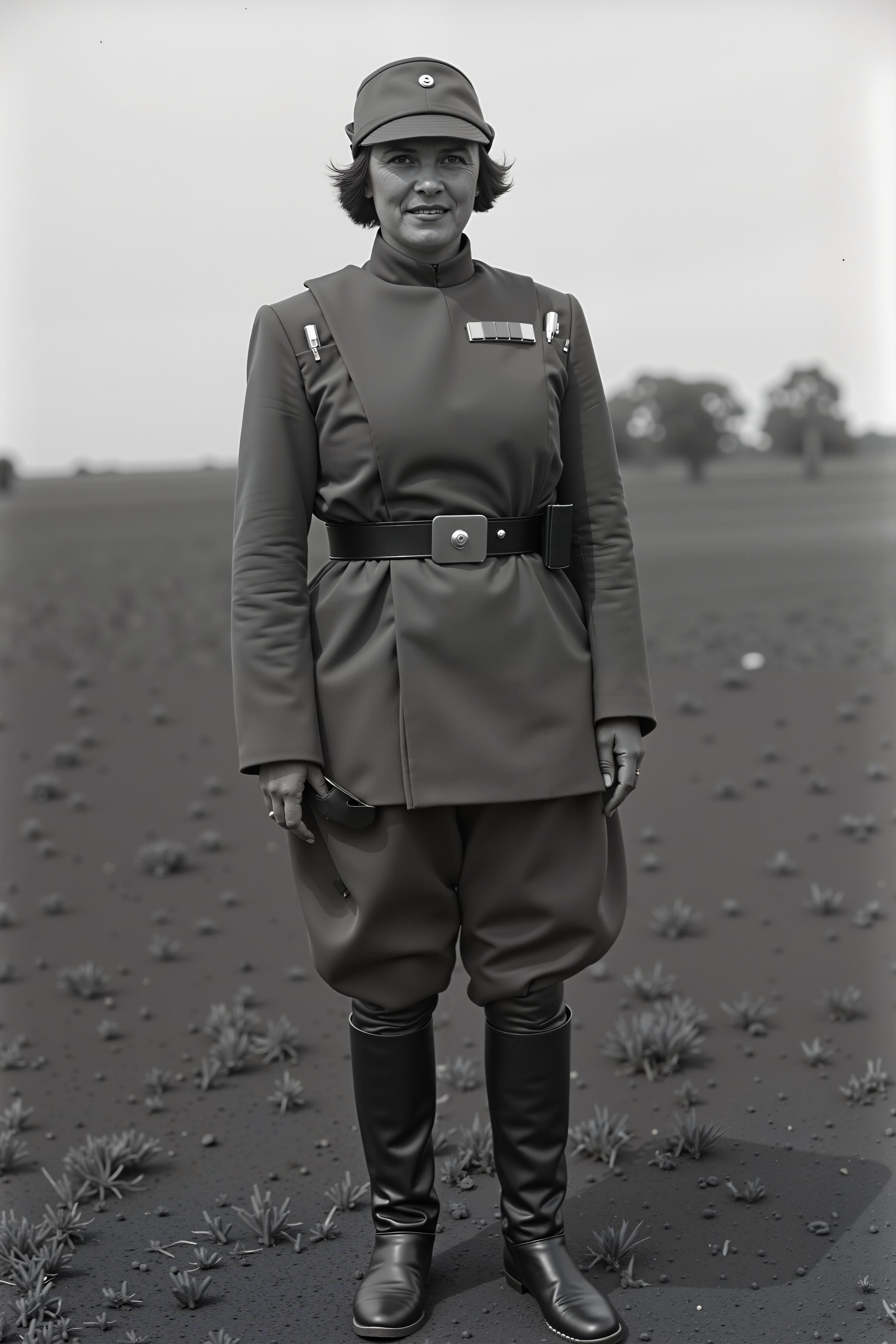 frican woman in IMPOFF imperial officer uniform ,on a dirt field<lora:IMPOFF_FLUX>