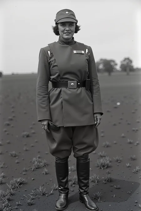frican woman in IMPOFF imperial officer uniform ,on a dirt field<lora:IMPOFF_FLUX>